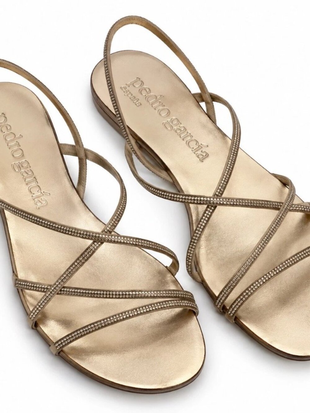 Pedro Garcia Esme Crystal Criss Cross Flat Sandals Gold Sz 37.5 Sz 7 US
